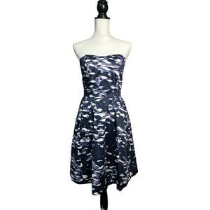 H & M Womens Blue Watercolor Strapless Fit‎ Flare Pocket Dress Size 8